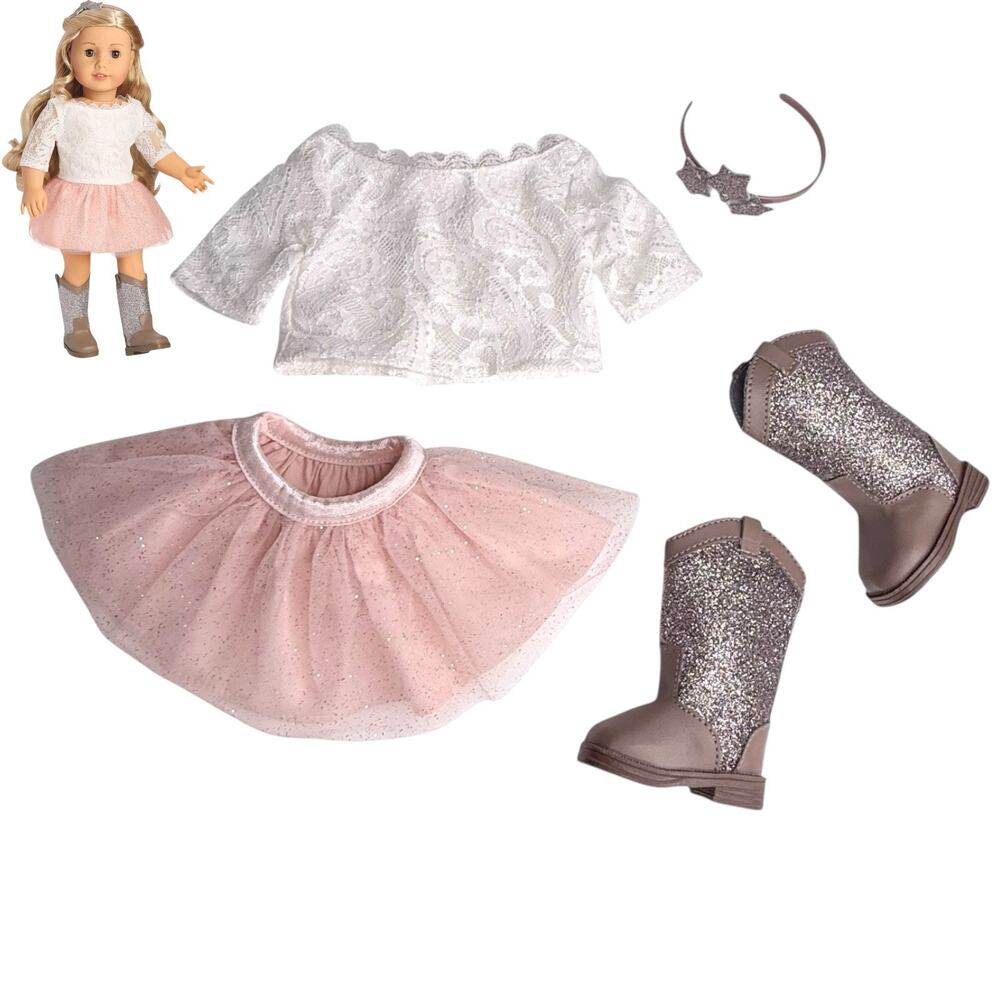 American Girl Tenney Spotlight Outfit Pink Tutu Lace Top Glitter Boots Headband